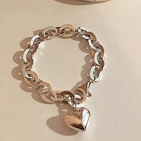 NEW STERLING SILVER HEART CHARM CHAIN LINK BRACELET - Picture 2 of 5
